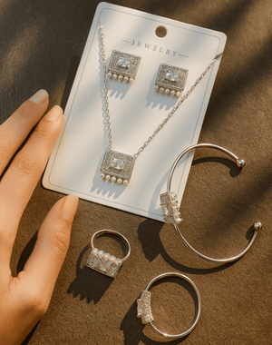 Silver Rectangle Crystal & Pearl Jewelry Set - Zambeel