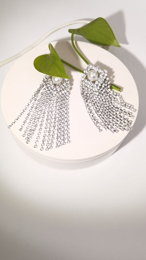 Silver Sparkling Fringe Earrings With Pearl Accent - Zambeel