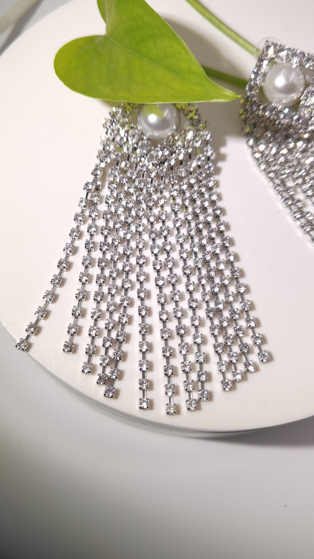 Silver Sparkling Fringe Earrings With Pearl Accent - Zambeel