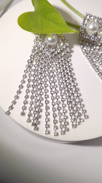 Silver Sparkling Fringe Earrings With Pearl Accent - Zambeel