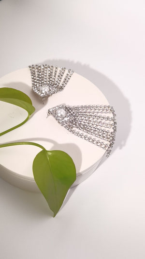 Silver Sparkling Fringe Earrings With Pearl Accent - Zambeel