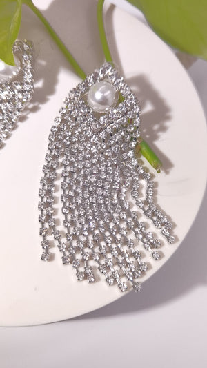 Silver Sparkling Fringe Earrings With Pearl Accent - Zambeel