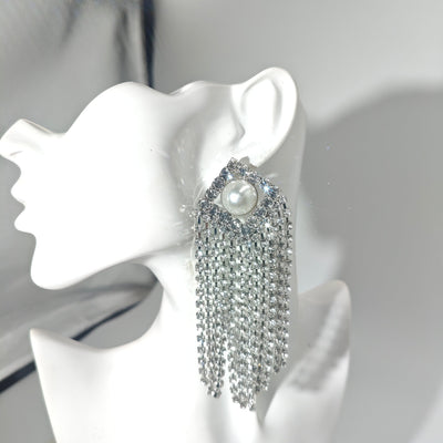 Silver Sparkling Fringe Earrings With Pearl Accent - Zambeel