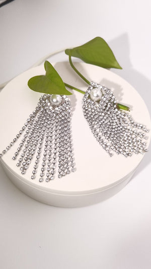 Silver Sparkling Fringe Earrings With Pearl Accent - Zambeel