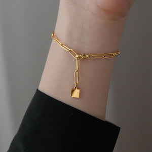 Simple Chunky Chain Bracelet With A Small Square Plate In A Japanese - Korean Style - Zambeel