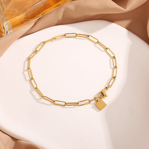 Simple Chunky Chain Bracelet With A Small Square Plate In A Japanese - Korean Style - Zambeel