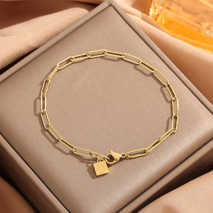 Simple Chunky Chain Bracelet With A Small Square Plate In A Japanese - Korean Style - Zambeel