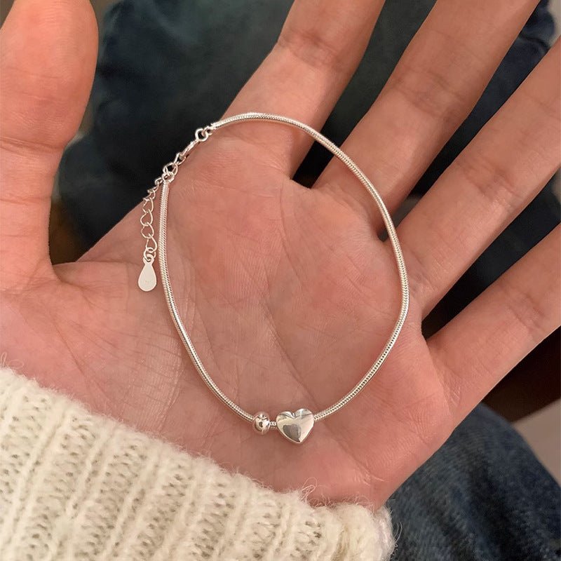 Simple Sterling Silver Heart Shaped Small Bead Bracelet For Women Heart Shaped Snake Chain - Zambeel