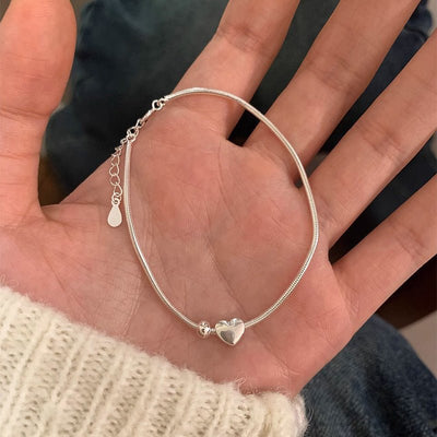 Simple Sterling Silver Heart Shaped Small Bead Bracelet For Women Heart Shaped Snake Chain - Zambeel
