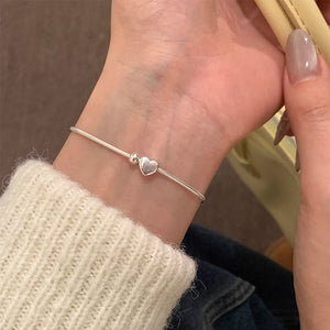 Simple Sterling Silver Heart Shaped Small Bead Bracelet For Women Heart Shaped Snake Chain - Zambeel