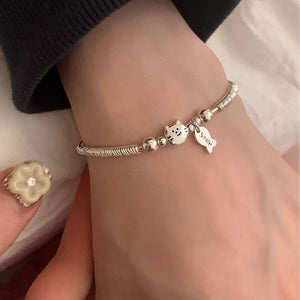 Simple Sterling Silver Small Plate Wrapped With Cat And Fish Eating Bracelet - Zambeel
