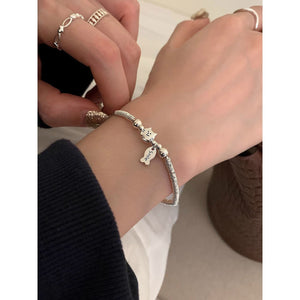 Simple Sterling Silver Small Plate Wrapped With Cat And Fish Eating Bracelet - Zambeel
