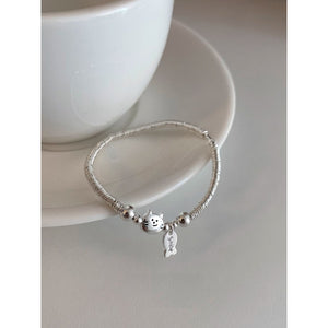 Simple Sterling Silver Small Plate Wrapped With Cat And Fish Eating Bracelet - Zambeel