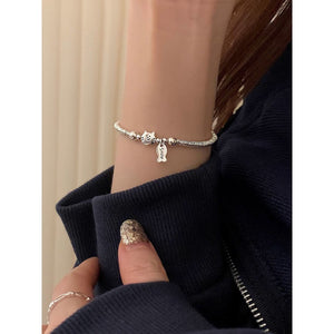 Simple Sterling Silver Small Plate Wrapped With Cat And Fish Eating Bracelet - Zambeel