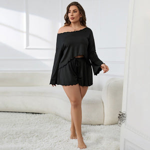 Simple - style Plus - size Loungewear Set Summer Ruffled - edge Long - sleeve Top And Cropped Pants - Zambeel