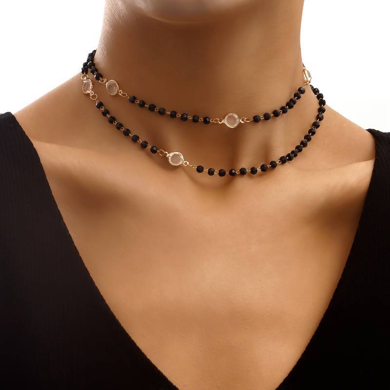 Simple Two - tier Black Rhinestone And White Zircon Necklace - Zambeel