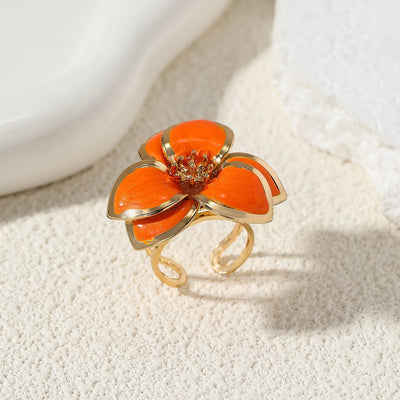 Single Piece Alloy Enamel Flower Ring, Exaggerated Floral Design Open Ring For Women, Trendy Party Jewelry - Zambeel