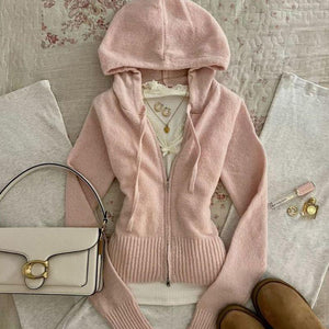 Slimming Flattering Hooded Zip Up Knit Cardigan - Zambeel