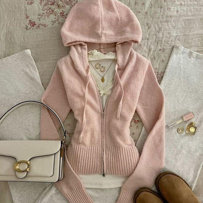Slimming Flattering Hooded Zip Up Knit Cardigan - Zambeel