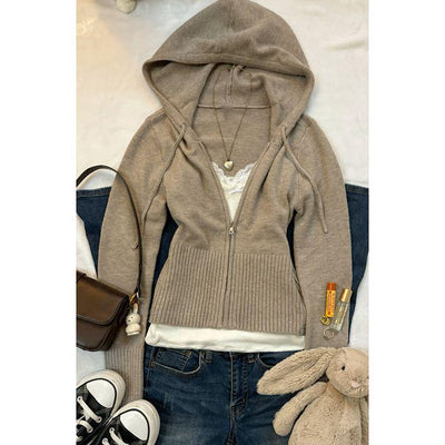 Slimming Flattering Hooded Zip Up Knit Cardigan - Zambeel