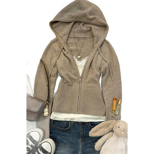 Slimming Flattering Hooded Zip Up Knit Cardigan - Zambeel