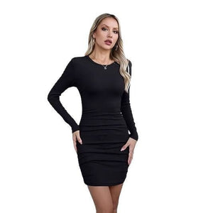 Solid - color Pleated Drawstring Bodycon Dress With A Crew Neck - Zambeel
