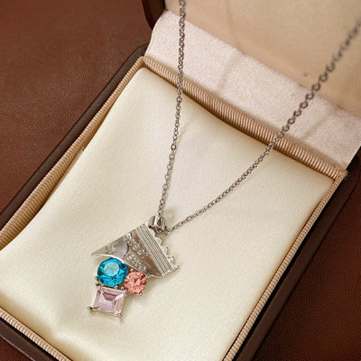 Stainless Steel Crystal Pendant Necklace For Women Colorful Gemstone Geometric Choker Jewelry - Zambeel