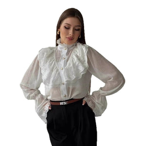 Stand - collar Chiffon Top With A Fashionable Design And Ruffled Hem - Zambeel