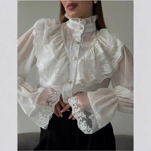 Stand - collar Chiffon Top With A Fashionable Design And Ruffled Hem - Zambeel