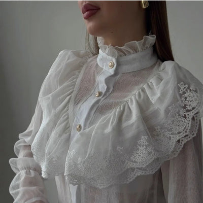 Stand - collar Chiffon Top With A Fashionable Design And Ruffled Hem - Zambeel