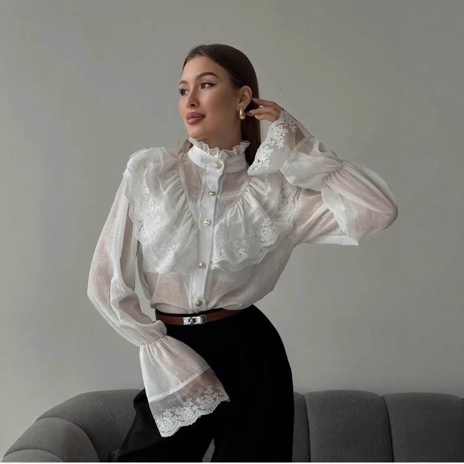 Stand - collar Chiffon Top With A Fashionable Design And Ruffled Hem - Zambeel