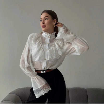 Stand - collar Chiffon Top With A Fashionable Design And Ruffled Hem - Zambeel