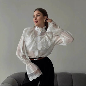 Stand - collar Chiffon Top With A Fashionable Design And Ruffled Hem - Zambeel