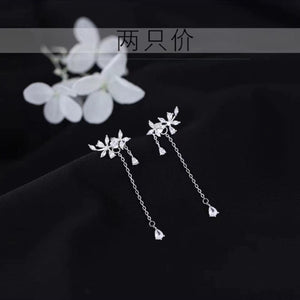 Sterling Silver Diamond Flower Long Women's Earrings - Zambeel