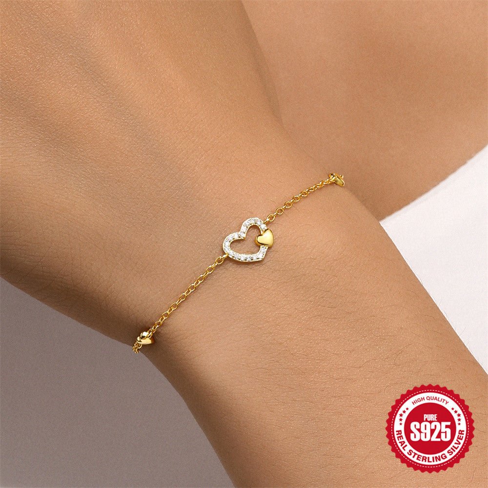 Sterling Silver Hollow Jeweled Heart Bracelet Fashion - Zambeel