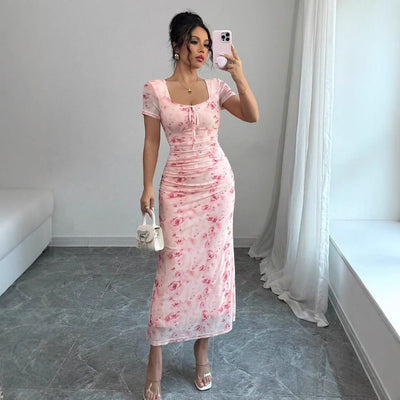 Strap - printed Long Figure - hugging Hip - hugging Dress - Zambeel
