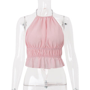 Street - Style Sexy Hollow - out Pleated Solid - Color Halter Tank Top - Zambeel