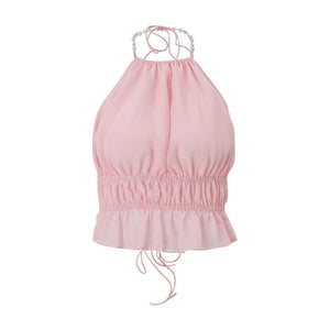Street - Style Sexy Hollow - out Pleated Solid - Color Halter Tank Top - Zambeel