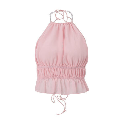 Street - Style Sexy Hollow - out Pleated Solid - Color Halter Tank Top - Zambeel