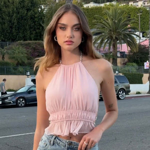 Street - Style Sexy Hollow - out Pleated Solid - Color Halter Tank Top - Zambeel