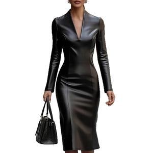 Stretchy PU Leather V - Neck Bodycon Dress - Zambeel