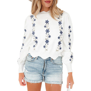 Sweet - style Printed Long - sleeved Pullover Sweater With Irregular Hem - Zambeel