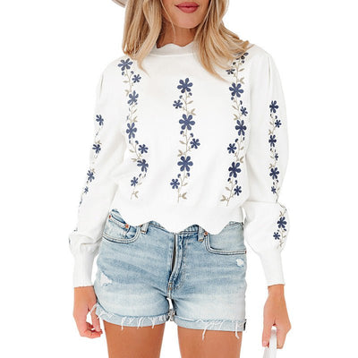 Sweet - style Printed Long - sleeved Pullover Sweater With Irregular Hem - Zambeel