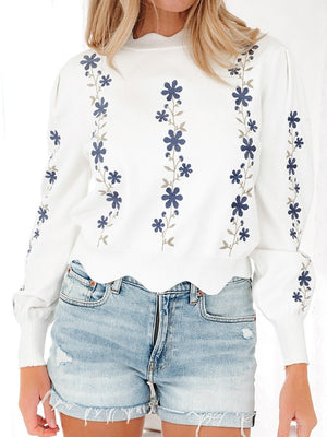 Sweet - style Printed Long - sleeved Pullover Sweater With Irregular Hem - Zambeel