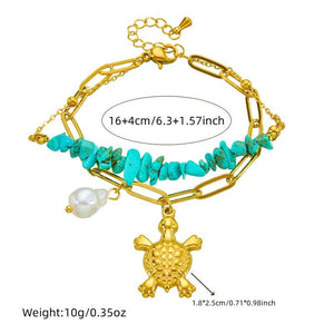 Three - dimensional Turtle Pearl Irregular Turquoise Double - layer Stacked Chain Bracelet - Zambeel