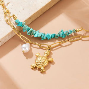 Three - dimensional Turtle Pearl Irregular Turquoise Double - layer Stacked Chain Bracelet - Zambeel