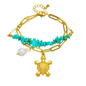 Three - dimensional Turtle Pearl Irregular Turquoise Double - layer Stacked Chain Bracelet - Zambeel