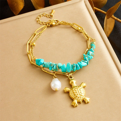 Three - dimensional Turtle Pearl Irregular Turquoise Double - layer Stacked Chain Bracelet - Zambeel
