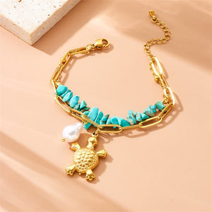 Three - dimensional Turtle Pearl Irregular Turquoise Double - layer Stacked Chain Bracelet - Zambeel