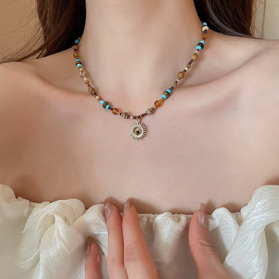 Titanium Steel Natural Stone Rice Bead Sunflower Bead Necklace - Zambeel